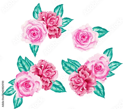 Watercolor Bouquet of flowers  isolated  white background  pink and red roses and green leaves