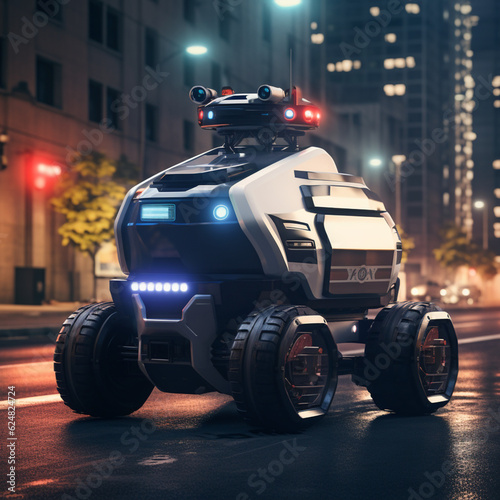 Modern police robot in a city. Generative AI.