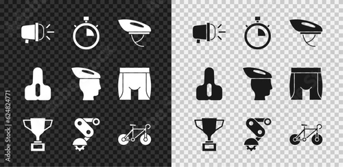 Set Bicycle head lamp, Stopwatch, helmet, Award cup with bicycle, Derailleur rear, seat and icon. Vector