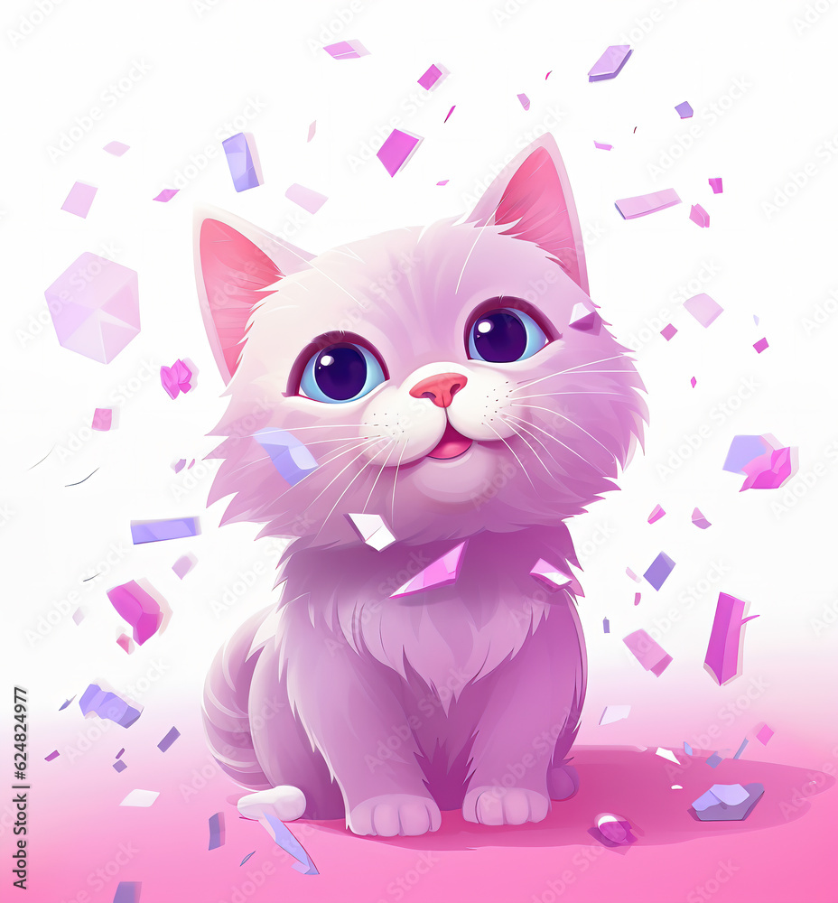 cute cartoon cat with confetti sprinkles, a low poly illustration, adorable character, mascot, concept, digital art
