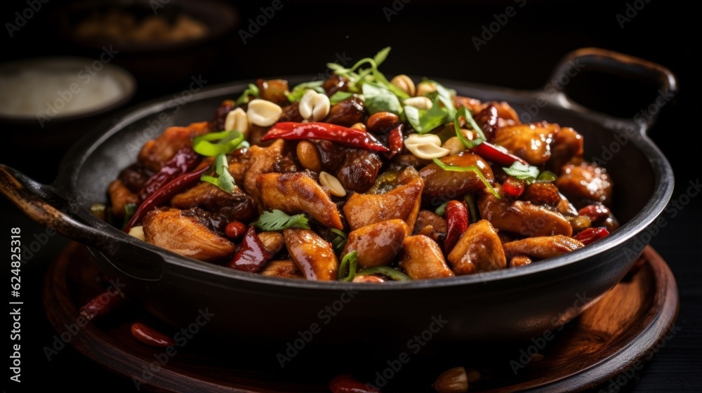 Kung Pao Chicken showcasing its spicy, glossy sauce with an appealing texture Kung Pao Chicken showcasing its spicy, glossy sauce with an appealing texture