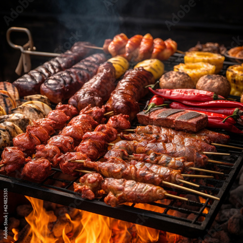Different types of meat a barbecue. Generative AI.