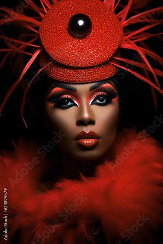 Fashion portrait of an African woman in red, with hat and feather boa. (AR 2:3) photo