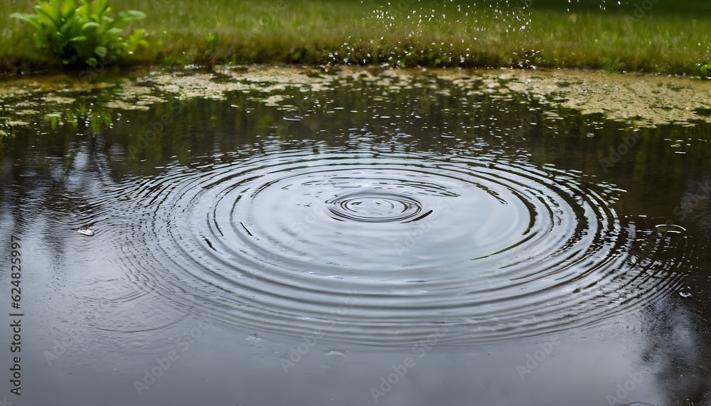 A gentle and steady rainfall over a tranquil pond, with concentric circles forming on the water's surface-Generative AI A gentle and steady rainfall over a tranquil pond, with concentric circles forming on the water's surface-Generative AI