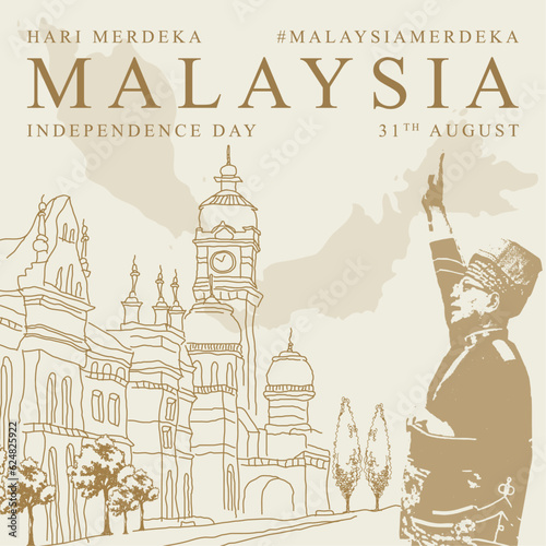 Merdeka Square (Dataran Merdeka) with Tunku Abdul Rahman, Malaysia Independent Day, artwork, print, social media post, vector illustration (Vector)