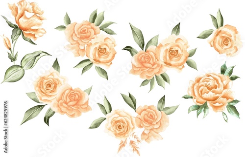 Watercolor Bouquet of flowers, isolated, white background, yellow roses and green leaves