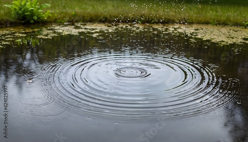 A gentle and steady rainfall over a tranquil pond, with concentric circles forming on the water's surface-Generative AI