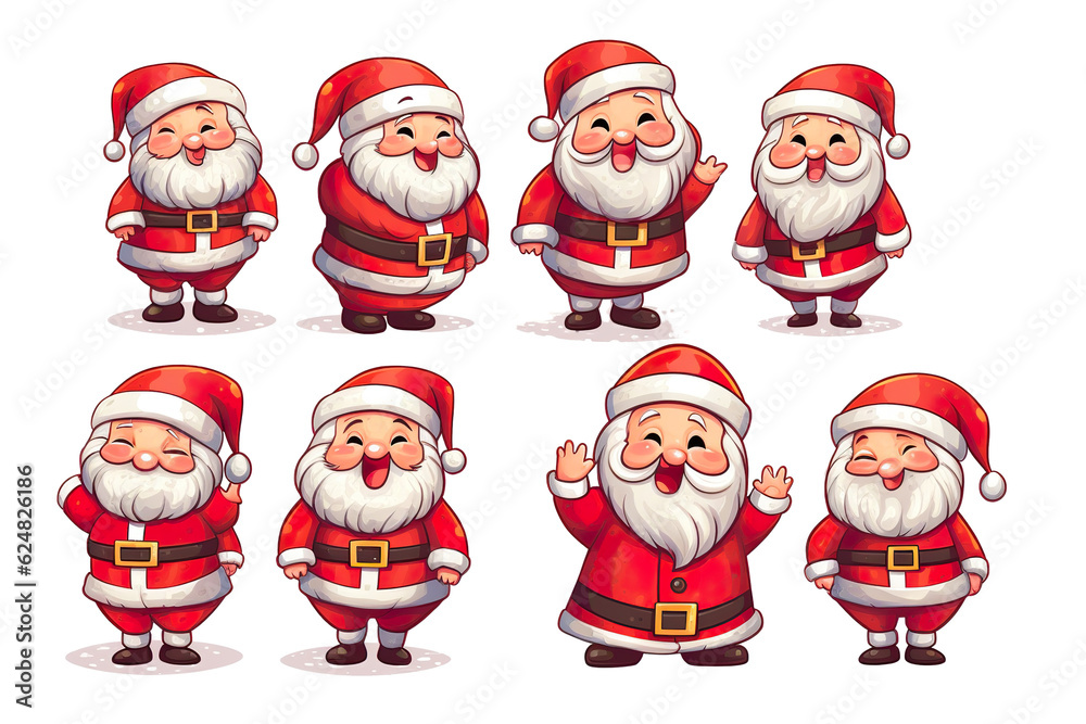 cute santa claus smiling side by side christmas tree, white isolated background,cartoon style PNG