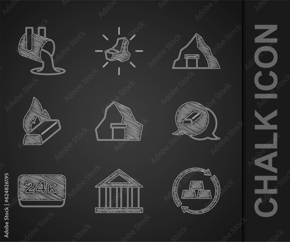 Set Gold mine, Bank building, exchange money, bars, 24k, Molten gold being poured, and icon. Vector Set Gold mine, Bank building, exchange money, bars, 24k, Molten gold being poured, and icon. Vector