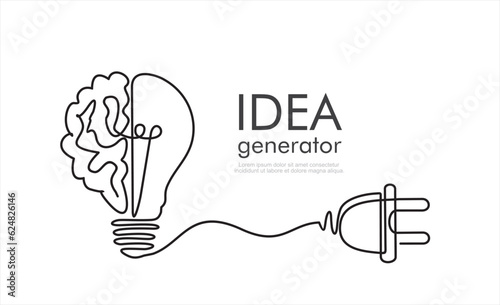 Continuous one line drawing of 
Human brain and plug. Creative idea inspiration generator - infographic concept banner for presentation, booklet, web site and other design projects. Mind layout.