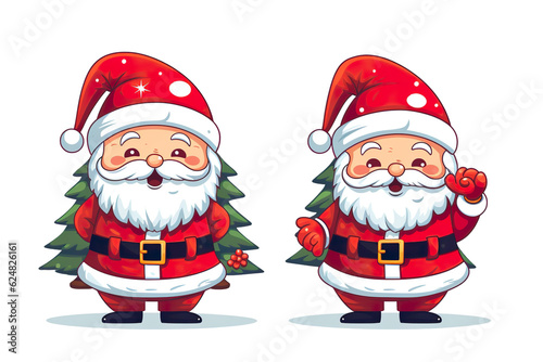 cute santa claus smiling side by side christmas tree, white isolated background,cartoon style PNG © JetHuynh
