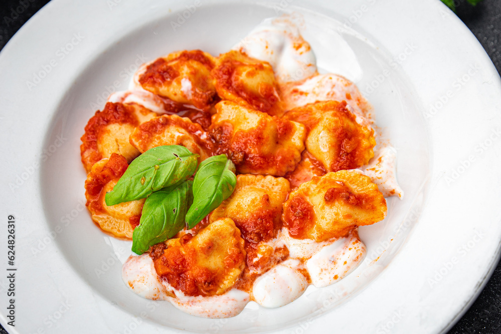 ravioli tomato sauce italian food second course meal food snack on the table copy space food background rustic top view ravioli tomato sauce italian food second course meal food snack on the table copy space food background rustic top view