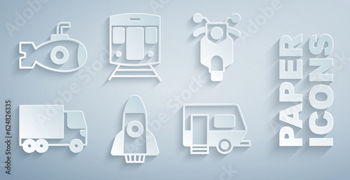 Set Rocket ship, Scooter, Delivery cargo truck, Rv Camping trailer, Train and railway and Submarine icon. Vector