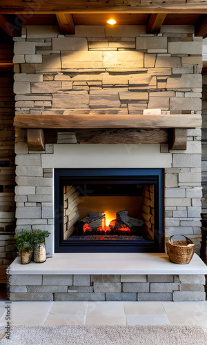 Front view of a natural stone wall in a house with the fireplace in front, wooden beams and floors