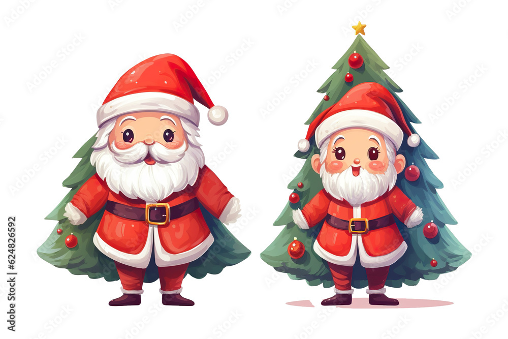 cute santa claus smiling side by side christmas tree, white isolated background,cartoon style PNG cute santa claus smiling side by side christmas tree, white isolated background,cartoon style PNG
