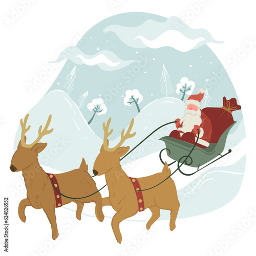 Santa Claus riding on sled with reindeers, xmas holidays