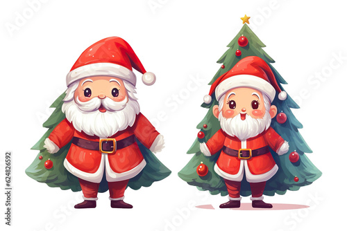 cute santa claus smiling side by side christmas tree, white isolated background,cartoon style PNG © JetHuynh