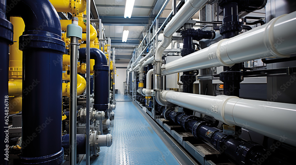 A room filled with lots of pipes and valves. Generative AI. Water recovery or purification plant. A room filled with lots of pipes and valves. Generative AI. Water recovery or purification plant.
