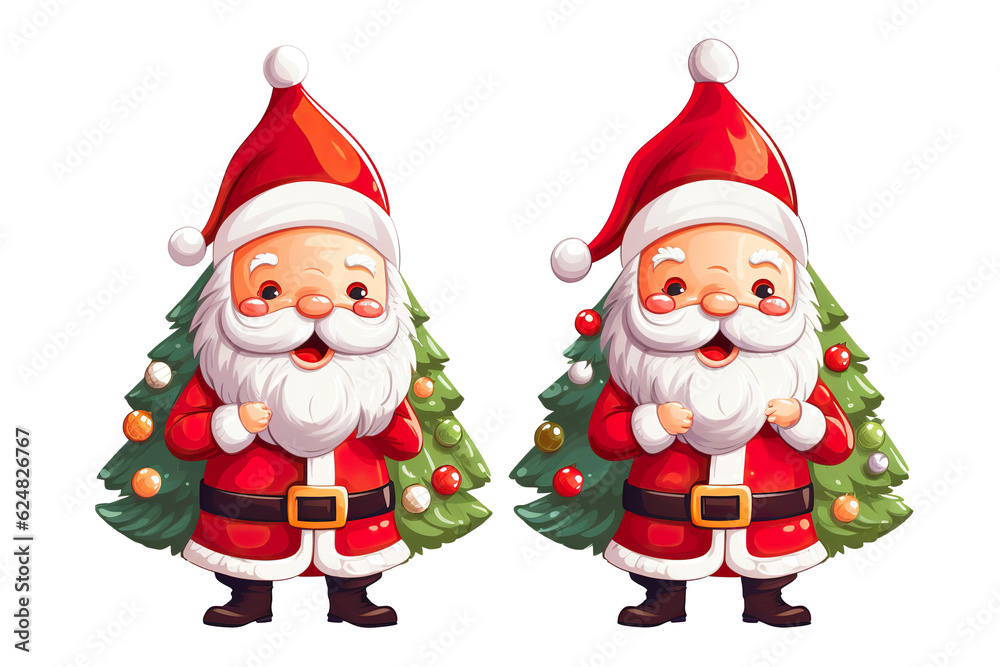 cute santa claus smiling side by side christmas tree, white isolated background,cartoon style PNG cute santa claus smiling side by side christmas tree, white isolated background,cartoon style PNG