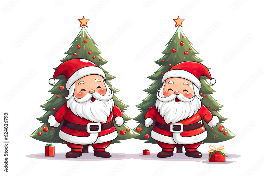cute santa claus smiling side by side christmas tree, white isolated background,cartoon style PNG cute santa claus smiling side by side christmas tree, white isolated background,cartoon style PNG