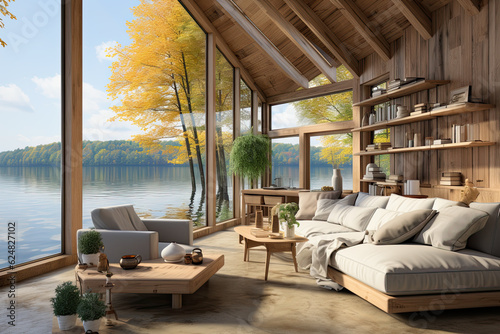 Foto A living room filled with furniture next to a lake