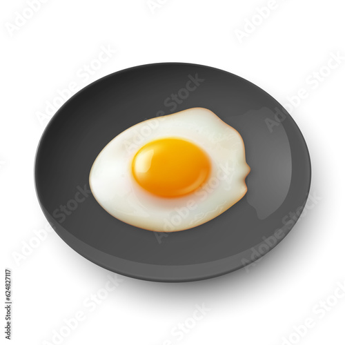 Vector 3d Realistic Black Plate, Dish with Fried Egg, Omelet Inside Isolated on White Background. Healthy Breakfast, Protein Food, Diet Meal Concept. Design Template, Mockup. Top, Side View