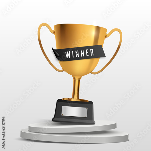 Winner banner. Gold realistic trophy cup with podium. Vector award nomination background.