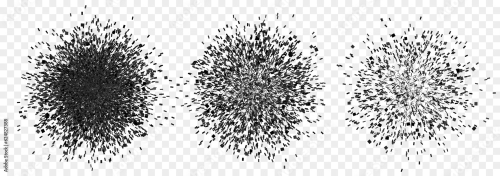 Set of exploded particles in black. Vector shatter explosion
