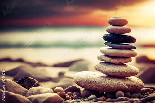 Pebble tower, balance stone on the seaside. Generative AI