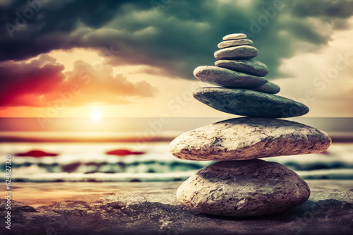 Pebble tower  balance stone on the seaside. Generative AI
