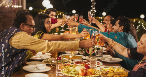 Happy Indian Family Having a Feast and Celebrating Diwali Together: Group of People of Different Ages in Their Traditional Clothes Raising Glasses and Making a Toast in a Backyard Garden photo