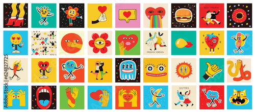 70's groovy square posters, cards or stickers. Retro print with hippie cute colorful funky character concepts of crazy geometric, dripping emoticon. Only good vibes sentence