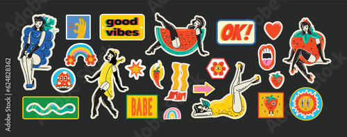 Groovy hippie love stickers set. Comic happy retro girls, geometric stickers, characters in trendy retro 60s 70s cartoon style. Vintage vector illustrations.