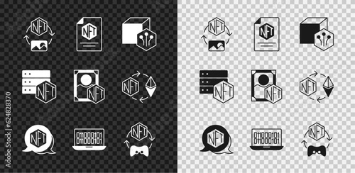Set NFT Digital crypto art, contract, Binary code, blockchain technology and icon. Vector