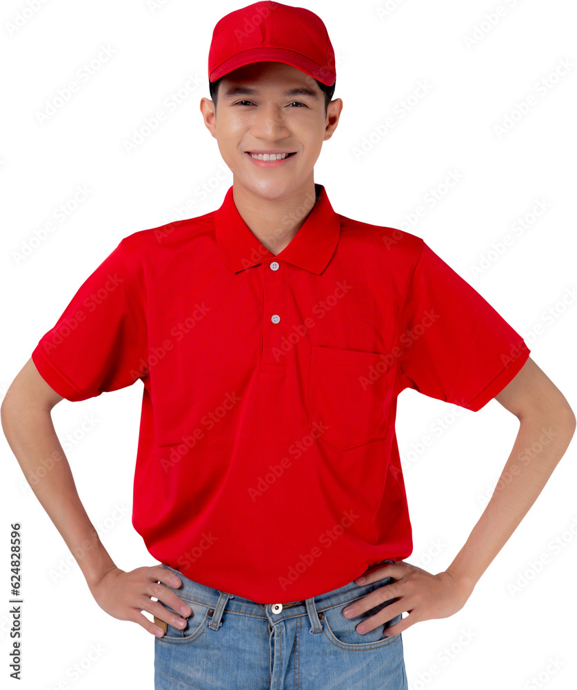 Portrait young asian man in uniform standing and smile with confident, employee or dealer, courier and delivery, deliveryman and expression, logistic and cargo, one person. Portrait young asian man in uniform standing and smile with confident, employee or dealer, courier and delivery, deliveryman and expression, logistic and cargo, one person.