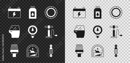 Set Car battery, Canister for motor machine oil, tire wheel, air filter, Motor gas gauge, Shock absorber, door and Tire pressure icon. Vector