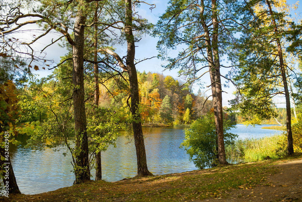 Obraz premium Beautiful Balsys lake, one of six Green Lakes, located in Verkiai Regional Park. Birds eye view of scenic emerald lake surrounded by pine forests. Vilnius, Lithuania.