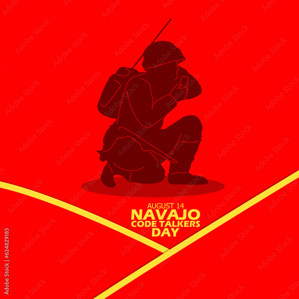 Illustration of a war soldier sending a code with his radio, with bold text and yellow lines on red background to commemorate Navajo Code Talkers Day on August 14 - obrazy, fototapety, plakaty 
