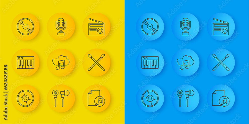 Set line CD or DVD disk, Music synthesizer, streaming service, book with note, Drum sticks, Vinyl, Radio antenna and Microphone icon. Vector Set line CD or DVD disk, Music synthesizer, streaming service, book with note, Drum sticks, Vinyl, Radio antenna and Microphone icon. Vector
