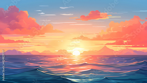 Hand-painted cartoon beautiful illustration of the sea scenery under the sunset © 俊后生