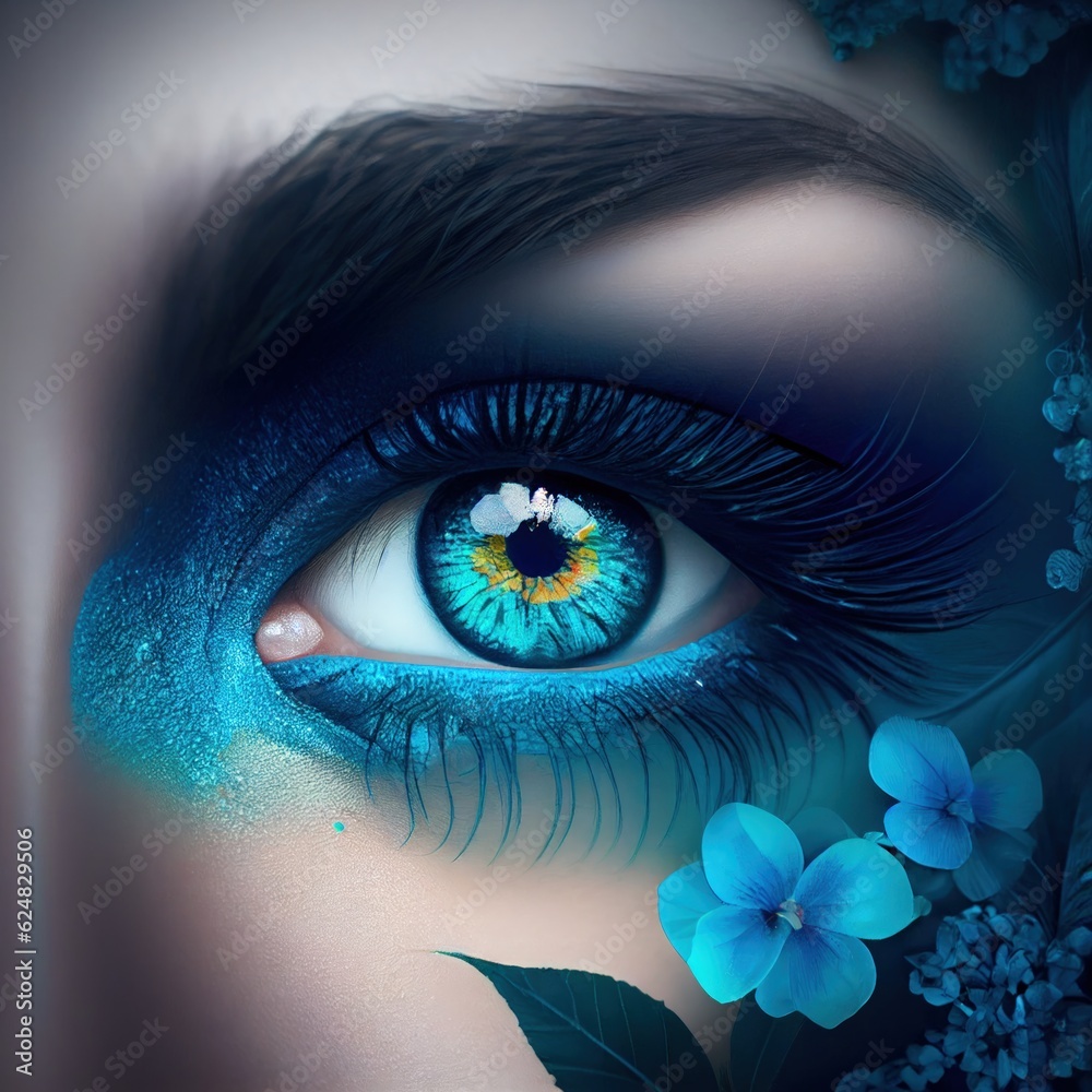 Fototapeta premium Abstract realistic eye digital artwork illustration close up minimal. Blue makeup fashionable futuristic style. Contemporary trendy surreal eye background for interior design