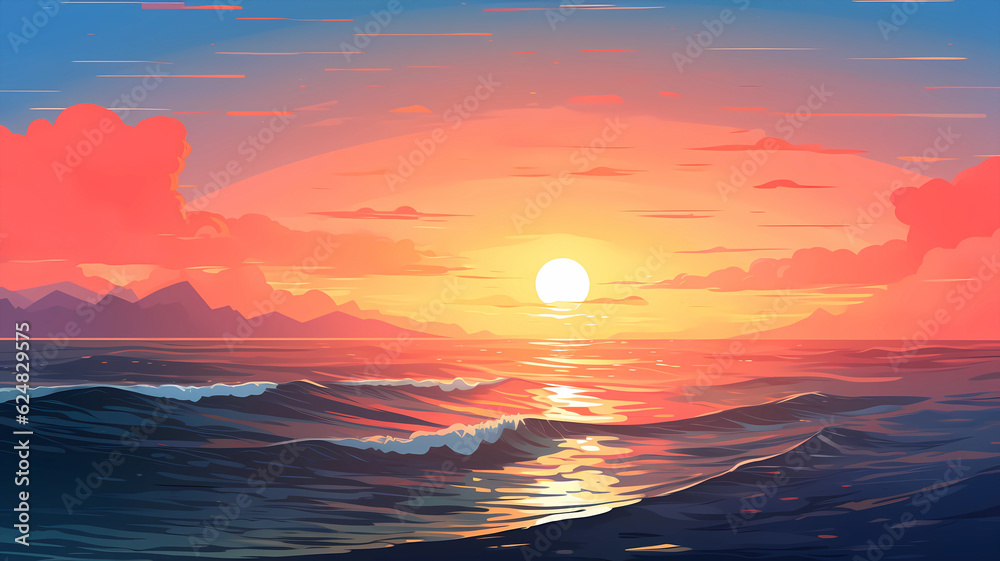 Hand-painted cartoon beautiful illustration of the sea scenery under the sunset