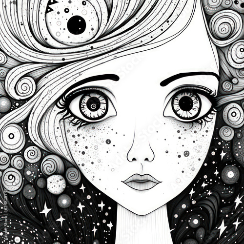 Abstract big eyed magical cosmic quirky women face digital painting illustration. Fashionable monochrome portrait. Stylish contemporary artwork, minimal, modern trendy print photo