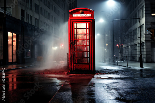 Red phone booth inthe middle of city street in light of lanterns. Evening mist. Generative Ai content