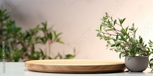 Wooden round tray podium with blurry leaves shadow on green background. Product display background concept © vectoraja
