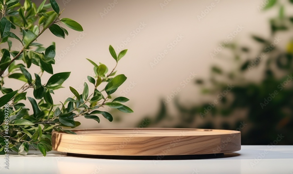 Wooden round tray podium with blurry leaves shadow on green background. Product display background concept