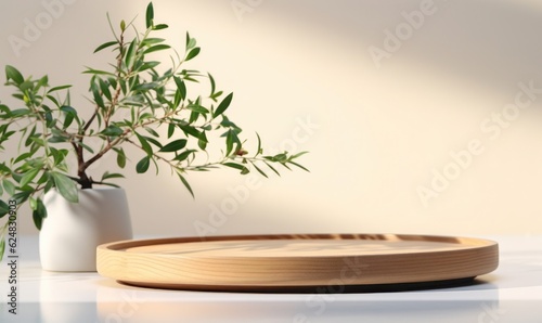 Wooden round tray podium with blurry leaves shadow on green background. Product display background concept