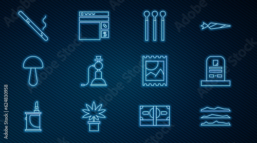Set line Cocaine or heroin drug, Tombstone with RIP written, Matches, Hookah, Psilocybin mushroom, Cigarette, LSD acid mark and Buying drugs online icon. Vector