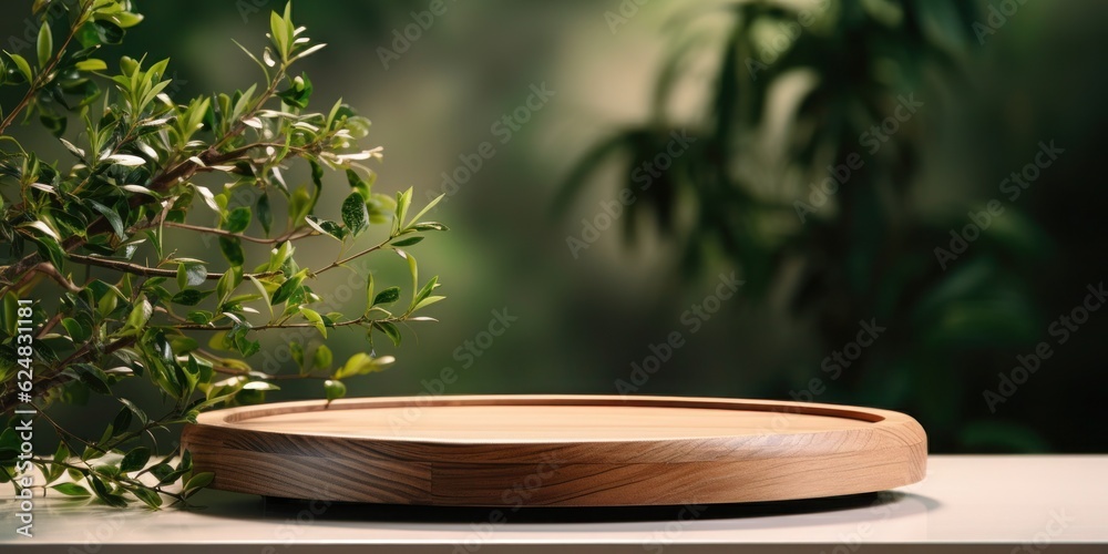 Wooden round tray podium with blurry leaves shadow on green background. Product display background concept