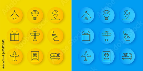 Set line Plane, Aircraft hangar, Fuel tanker truck, Airplane seat, Jet fighter, Location and Box flying parachute icon. Vector